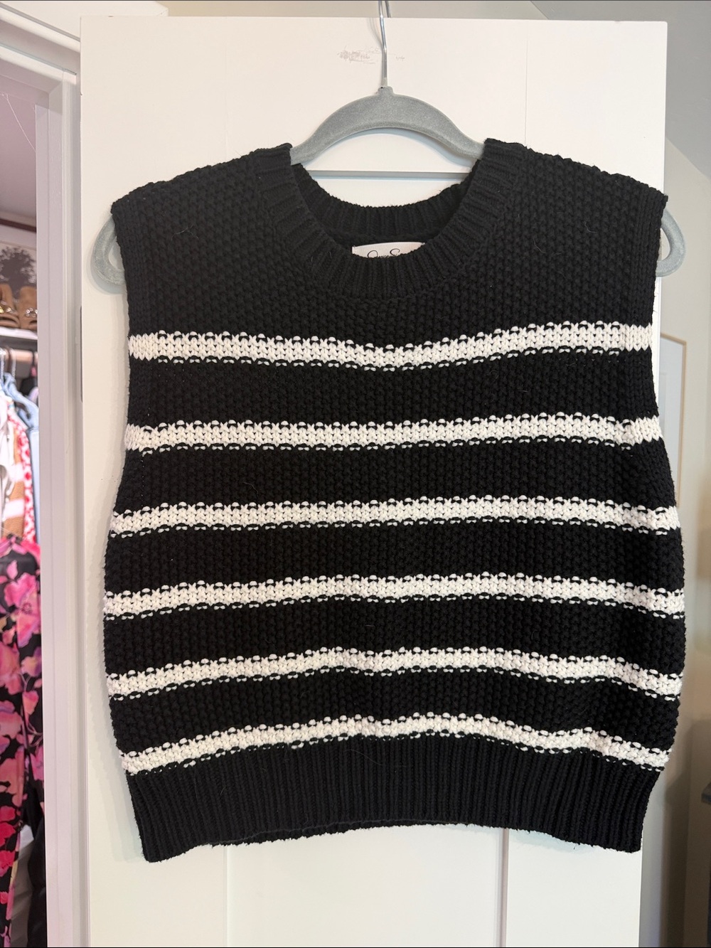 Jessica Simpson Black and White Striped Knit Sweater Vest